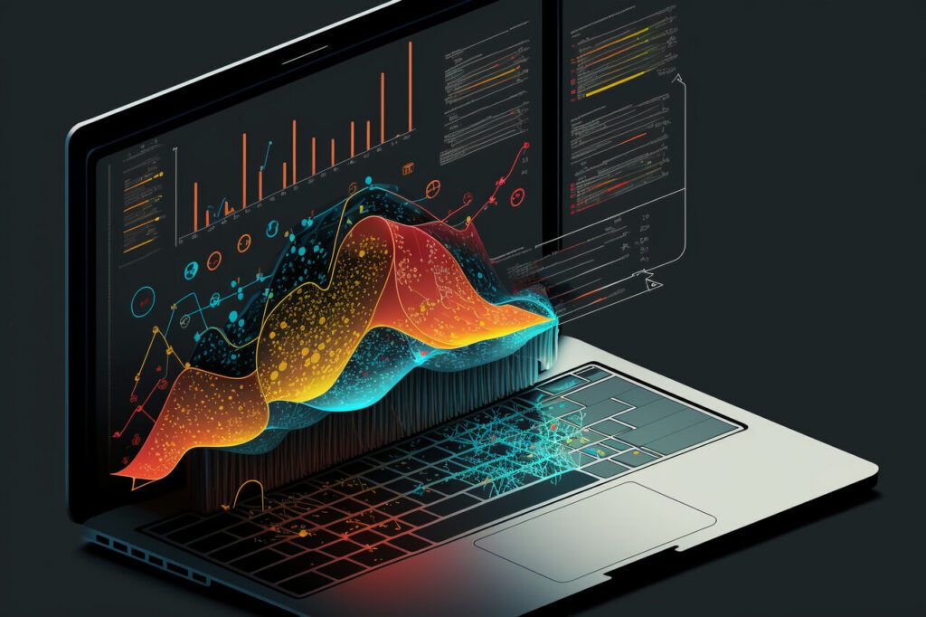 Imagem de um laptop com gráficos digitais flutuando sobre o teclado, representando visualmente dados em movimento. A tela exibe gráficos coloridos em 3D, com curvas e pontos conectados, simbolizando o fluxo de informações e análise de dados avançada. O fundo escuro contrasta com as cores vibrantes dos gráficos, criando um efeito visual futurista e tecnológico.