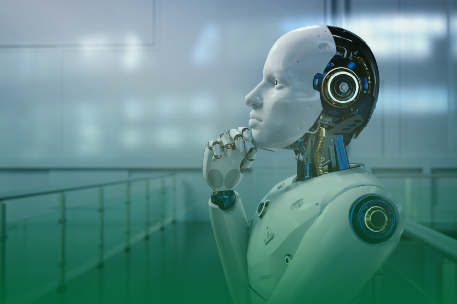 Robô em posição pensativa, representando a aplicação da inteligência artificial generativa em ambientes corporativos e tecnológicos.