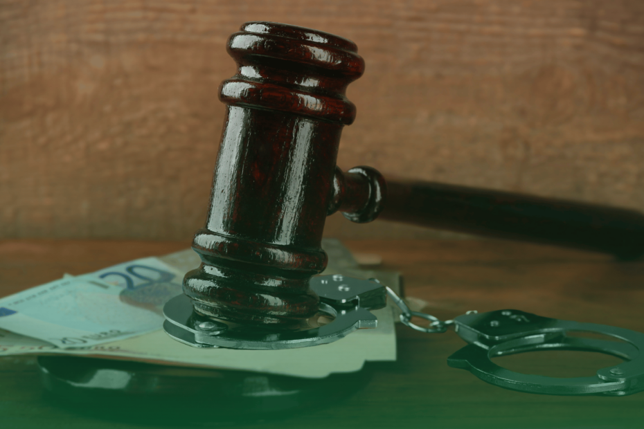 Martelo de juiz sobre notas e algemas, simbolizando a atuação da justiça no combate à lavagem de dinheiro e crimes financeiros.