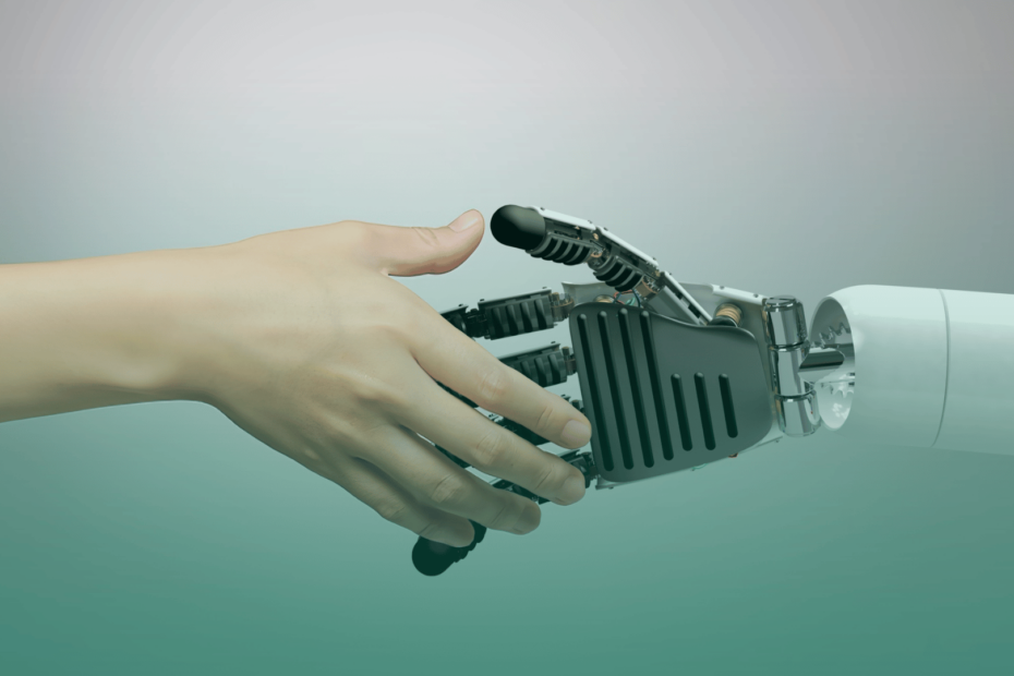 Mão humana apertando a mão de um robô, simbolizando a conexão entre inteligência artificial e decisões éticas no compliance corporativo.